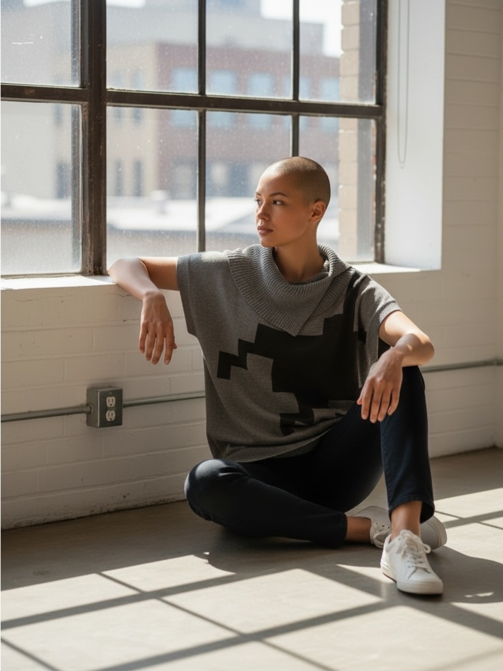 Mexx Grey Short-Sleeve Cowl-Neck Sweater with Black Graphic M